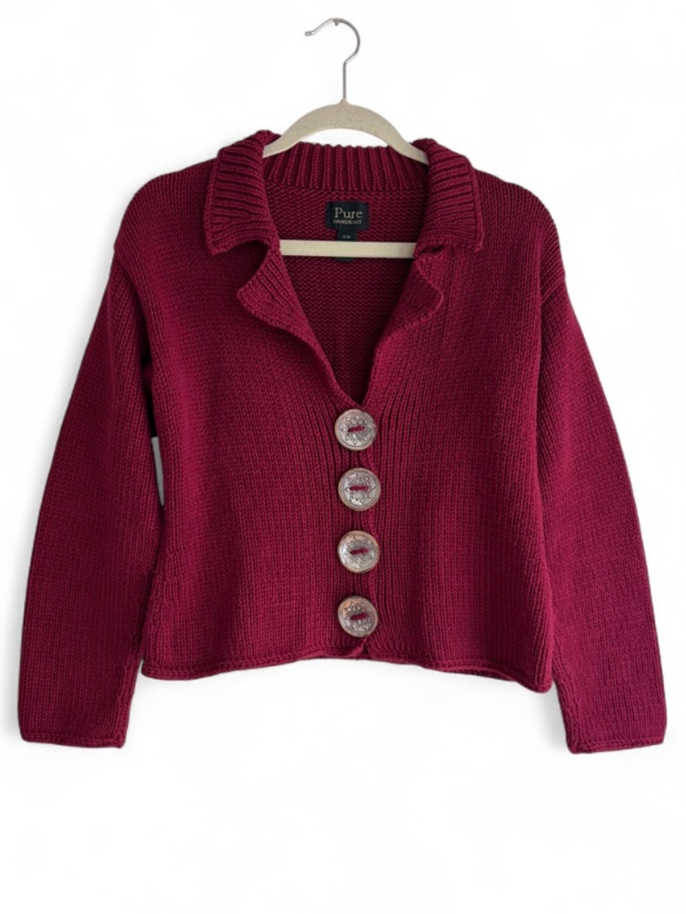 Pure Handknit 100% Cotton Burgundy Chunky Knit Cropped Cardigan Size S/M